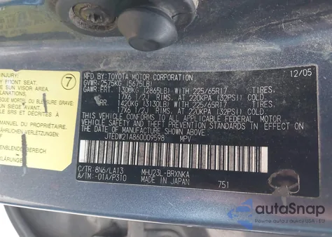 2006 Toyota Highlander Hybrid Limited V6 из США, поврежденный, VIN JTEDW21A860009598